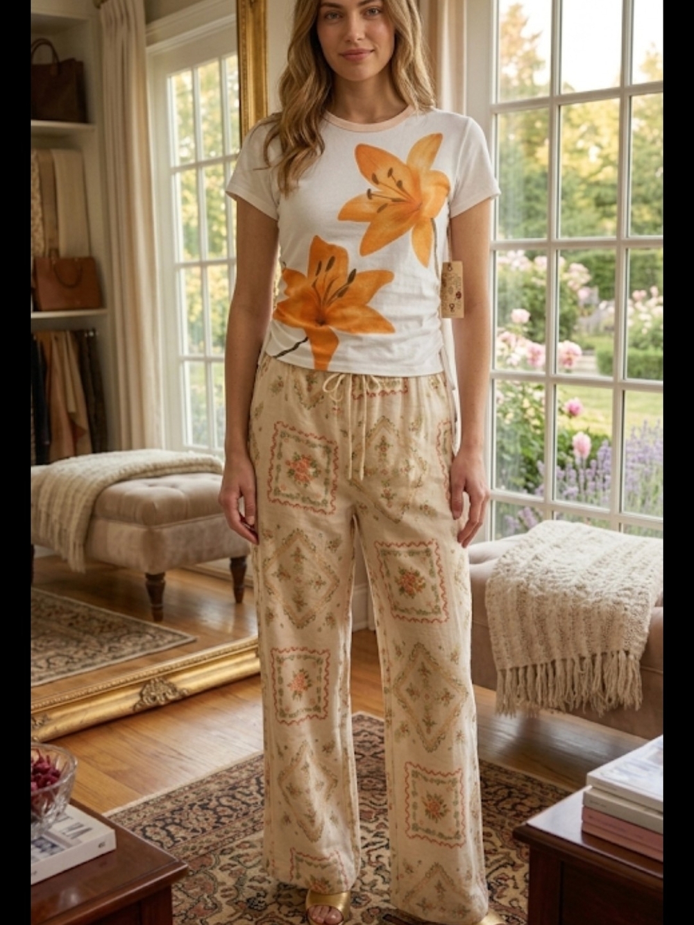 White Tee with Bold Orange Lily Print